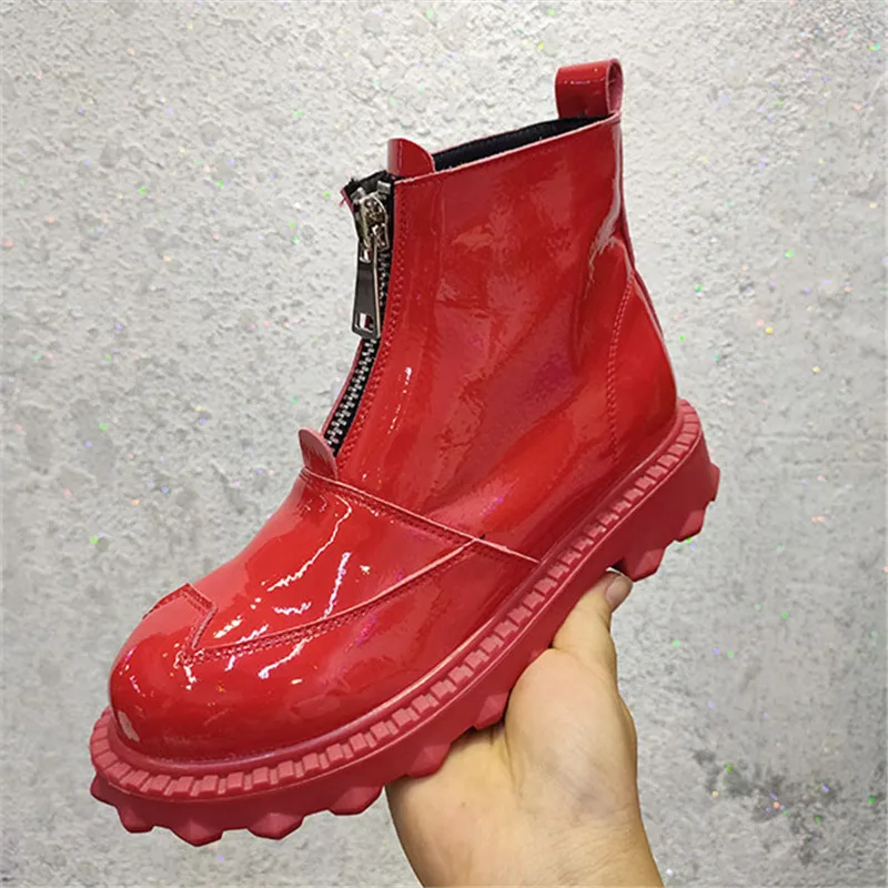 Женские кожаные сапоги ярких цветов с круглым носком и молнией спереди Сапоги