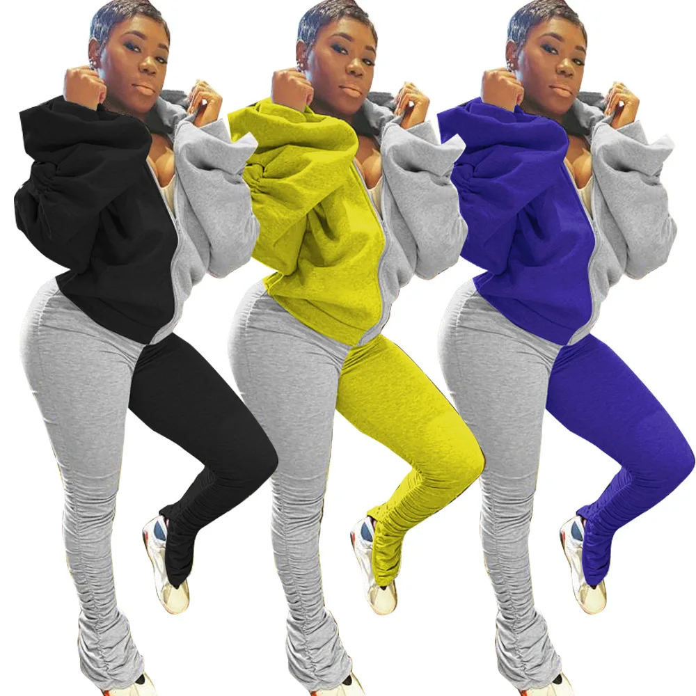 

2020 Autumn Winter Women Color Patchwork Two Piece Set Drawstring Lantern Sleeve Hooded Sweatshirts Pencil pants Tracksuit