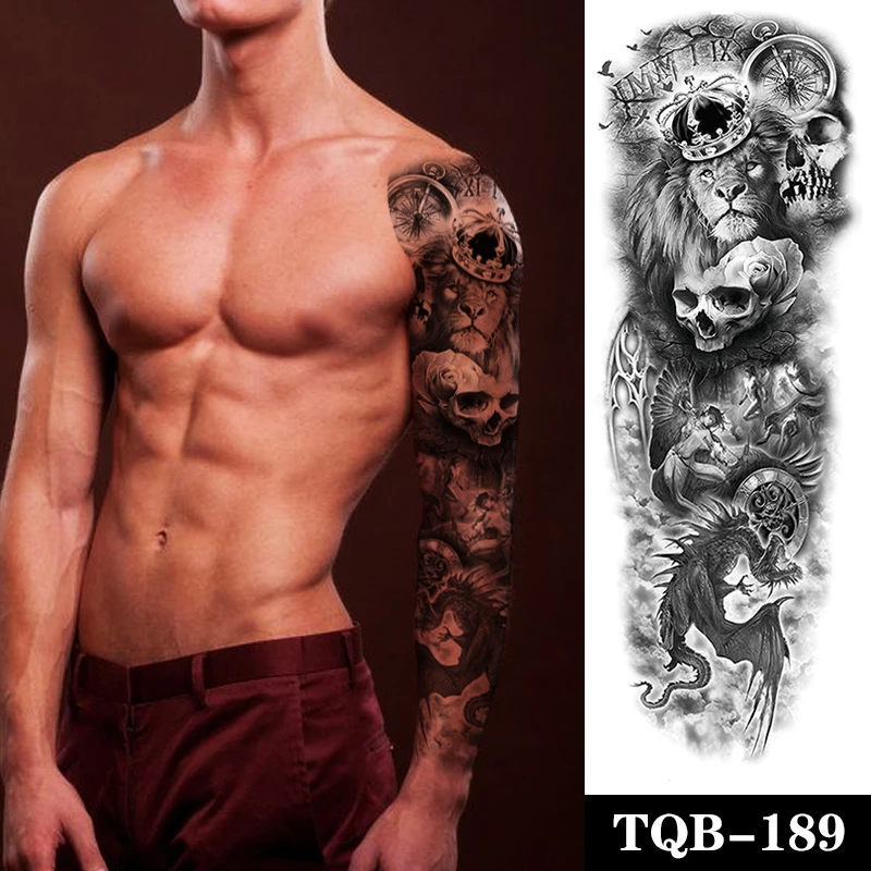 

Waterproof Temporary Tattoo Sticker Clock Skeleton Dragon Rose Angel Flash Tattoos Lion Crown Body Art Arm Fake Tattoo Women Men