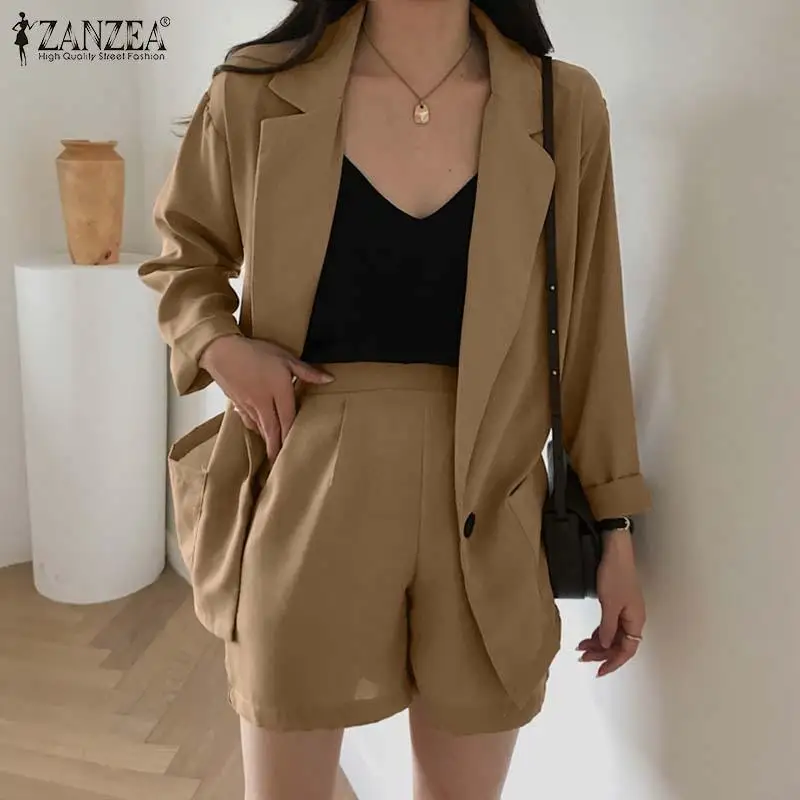 

ZANZEA Women's Sets Blazer And Shorts 2021 Summer Office Lady Elegant Style Suits Casual Solid Loose Oversized Two Piece Sets 7