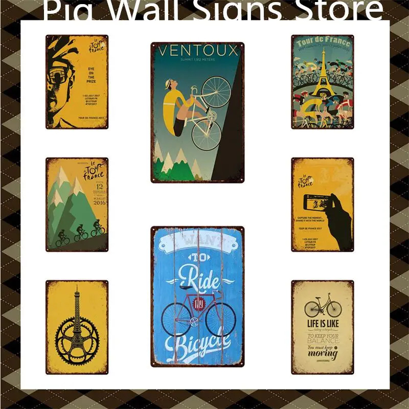 

Bicycle Metal Poster Retro Cycling Trip France Metal Plate Posters Tin Signs House Garage Wall Decorative Plates Home Decor