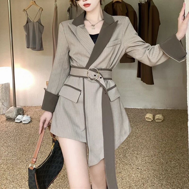 

Korea Chic Temperament Gray Blazer Women's Autumn 2021 New Notched Loose Lace Up Waist Long Sleeve Suit Jacket Coat Female N035