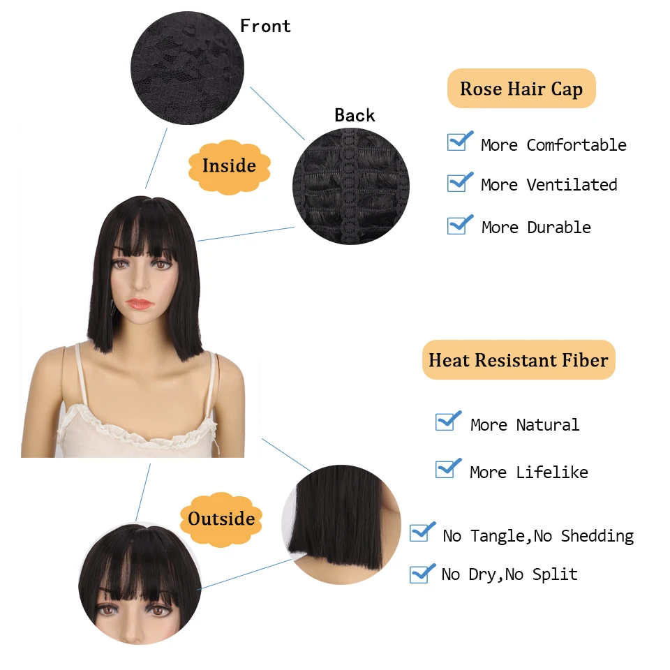 WEILAI короткие волосы прямой парик Аккуратные челки темно коричневые