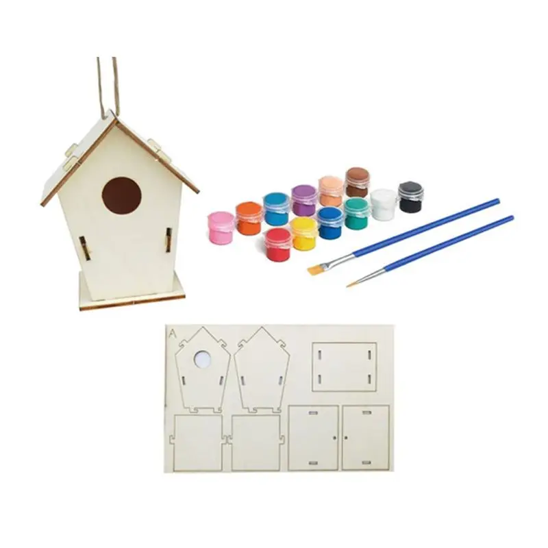 

C5AF DIY Bird House Painting Kit Building Birdhouse Paints Brushes Wooden Art Crafts