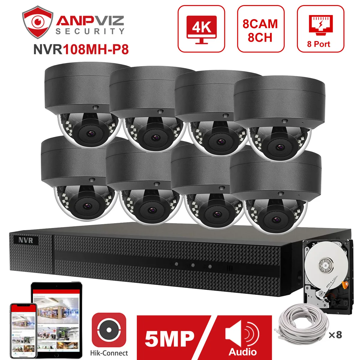 Hikvision OEM 8CH 4 к NVR 4/6/8 шт. 5MP POE IP CCTV безопасности Камера Системы аудио в помещении/на