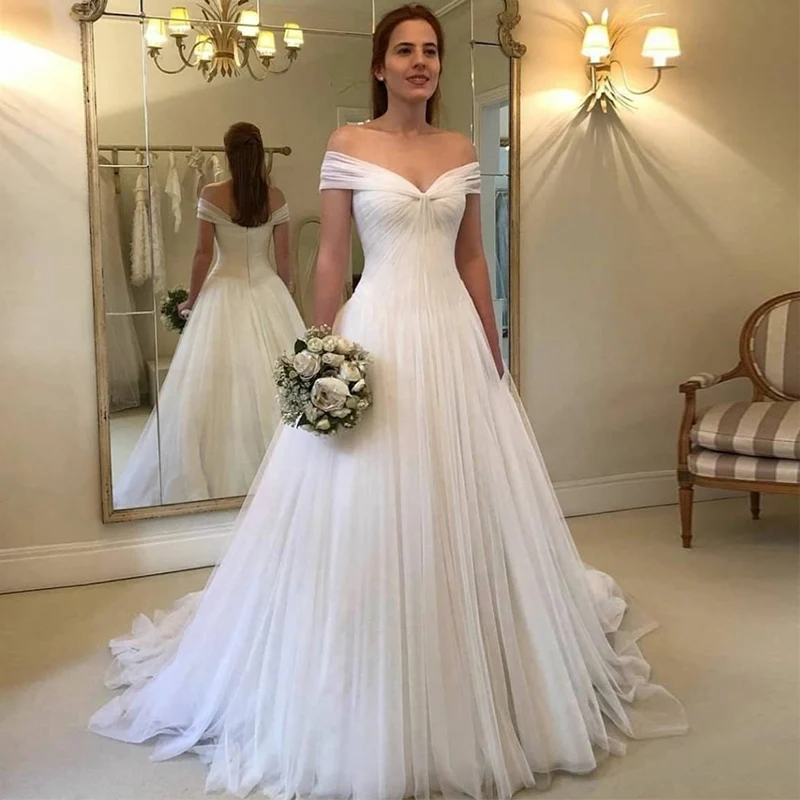 

Charming Sweetheart Off the Shoulder Tulle Wedding Dress High Quality Pleats A-Line Sweep Train Bridal Gowns Vestido de Noiva