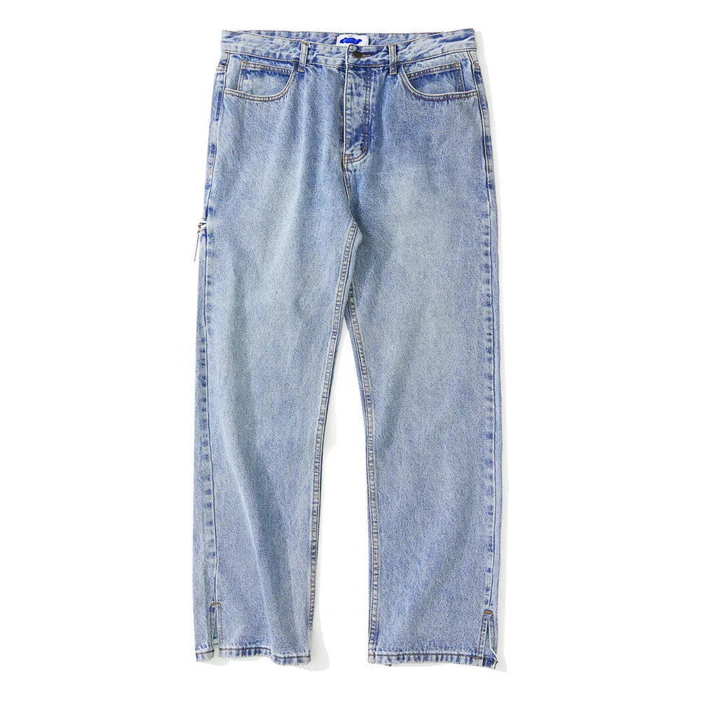 

Solid Color Split Washed Distressed Jeans Mens Fashion Brand Zipper Pockets Loose Straight Long Pants Trendy Casual Trousers