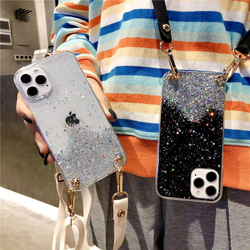 

Bling Glitter Stars Sequins Cord Chain Necklace Lanyard Phone Case For iPhone 11 Pro XS Max XR X 6S 7 8 Pus 11 12 Pro Max 12Mini