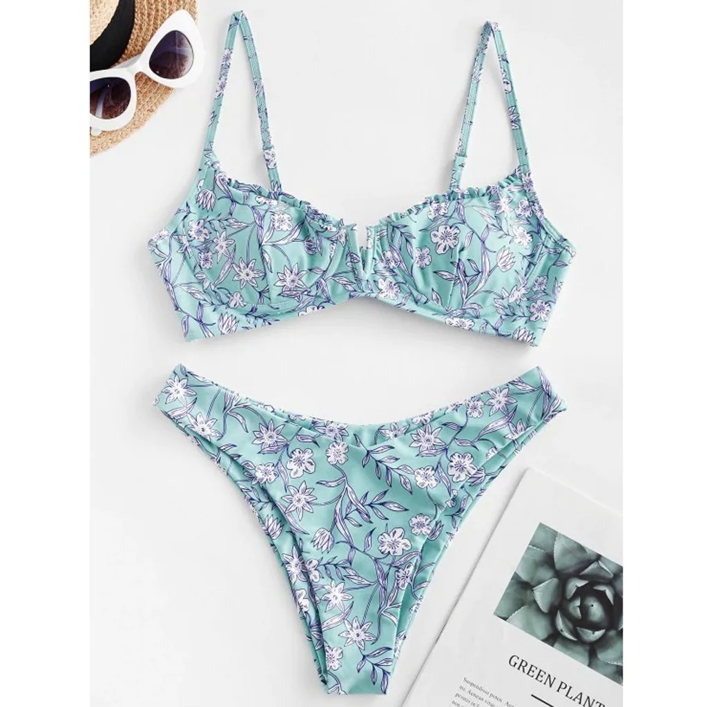 

Women Flower Print High Cut V Neck Two Pieces Bikini Swimwear Sexy Biquini Swim Swimsuit Beachwear Push Up Swimsuit Female