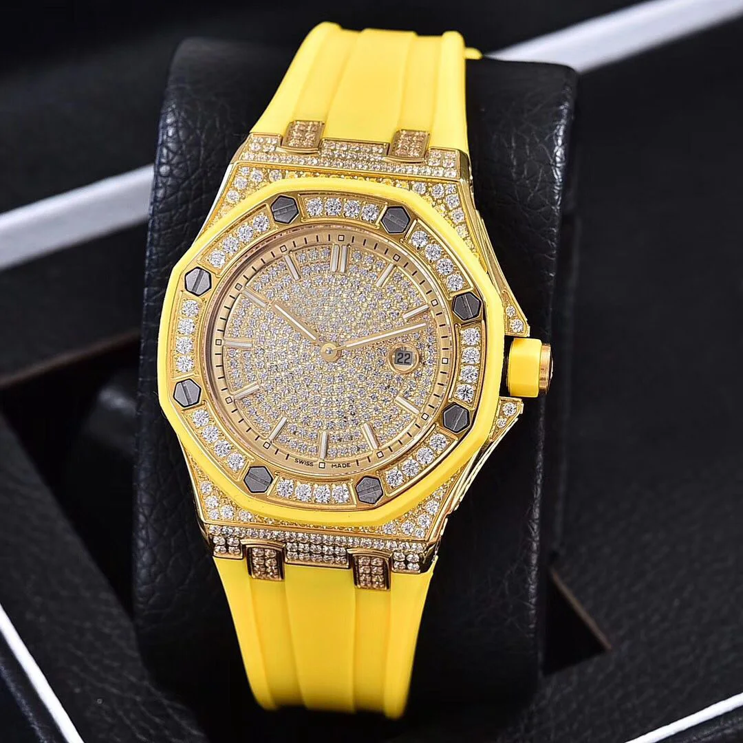 Полная бриллианты желтого золота со льдом часы с ультратонкой оправой 37 мм в