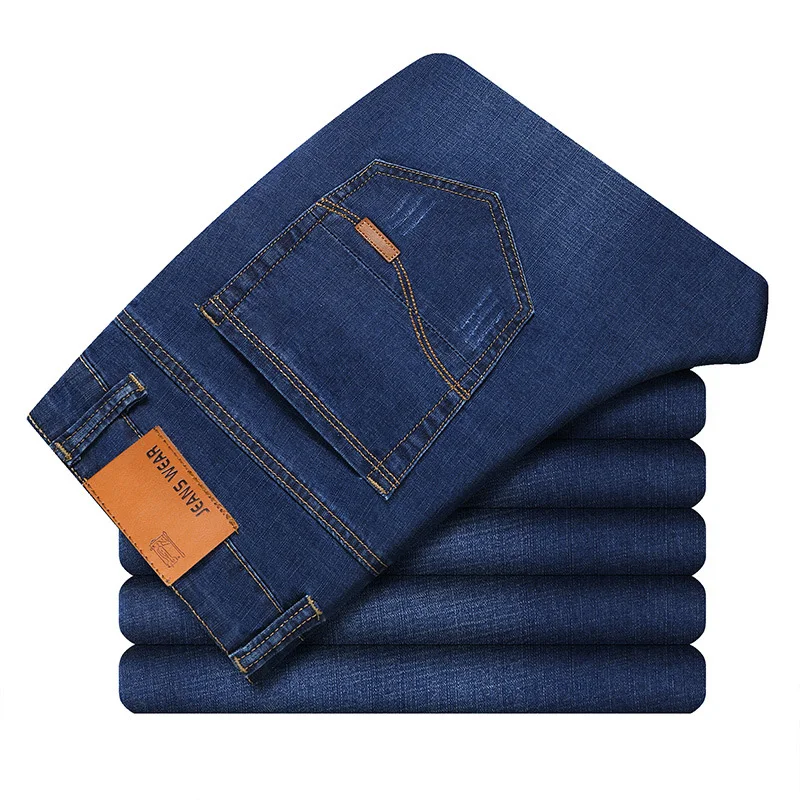 

Brand Men's Thin Jeans 2021 Summer New Style Business Casual Slim Fit Elastic Classic Style Trousers Sky Blue Pants Male