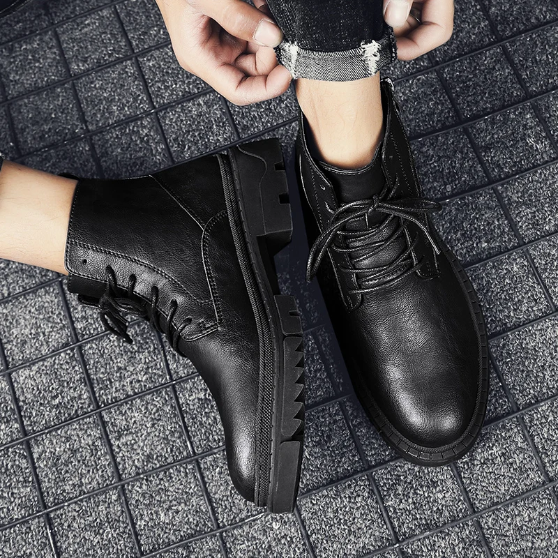 

Mens Genuine Leather Side Zipper Casual Boots Winter Outdoor Trendy Platform Hard-Wearing Non-slip with Fur Work Tooling Shoes