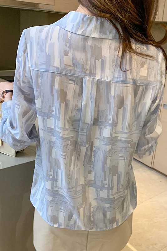 

Houthion Chiffon Slim Women's Blouses New Casual Blouse Fashion Long Sleeve Top Printing Buttons Pocket Shirt Spring/autumn