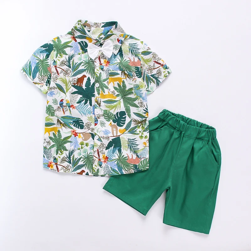 

Boys Summer Short Sleeve Suit Fashion Shirt Top Shorts 2 Piece Set Children Clothing Sets Vacation Outfits Green