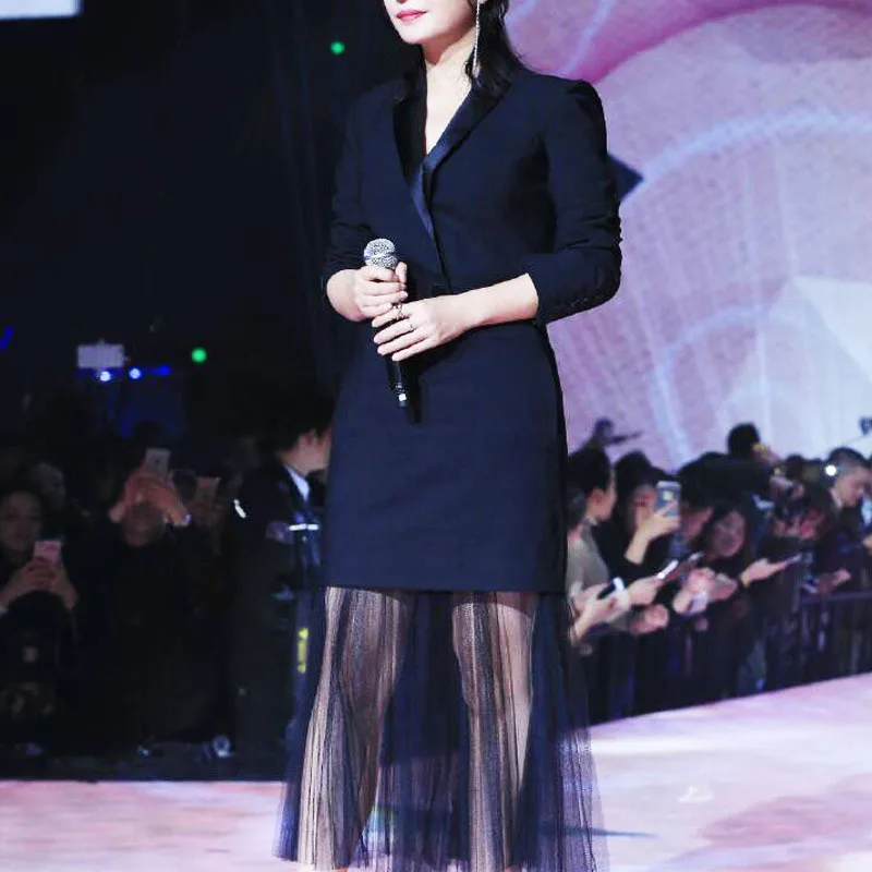 

Notched Womens A-Line Dresses 2020 New Mesh Spring Fashion Slim Star Style Long Sleeve Office Lady Robe Femme Vestidos Size S-XL