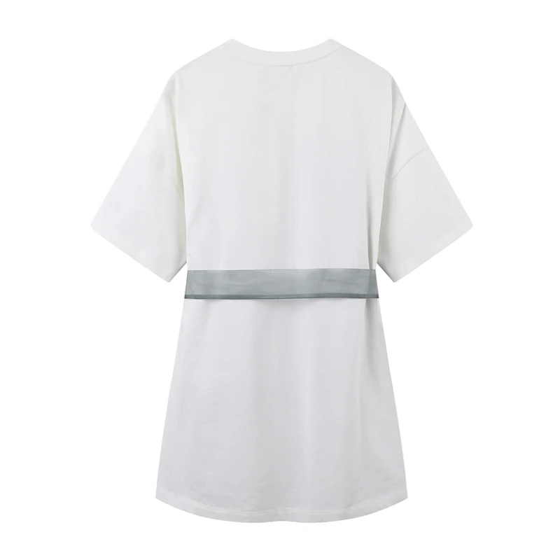 

Harajuku Spring Mesh Stitching T-Shirt Dress Belt Mid-length Straps Short-sleeved Harajuku Gauze Tees O-Neck Belted Shirts Tops