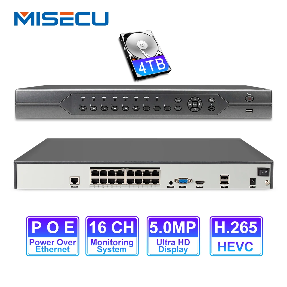 MISECU H.265 16CH 5MP 4MP 3MP 48 В реального POE NVR XMEYE P2P ONVIF сети видео Регистраторы для IP Камера