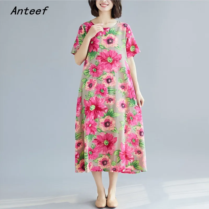 Женское длинное платье из хлопка и льна свободное винтажное в цветочек