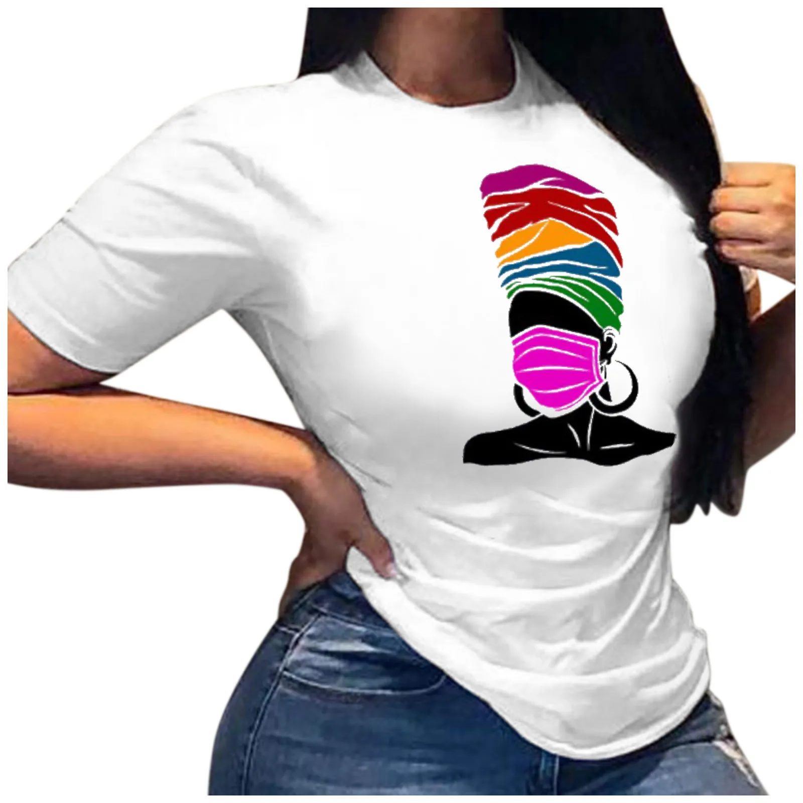 

SAGACE Simple Casual Fashion New Women Dress Large Size T Shirt Personality Print Slim Regular Top футболка 2021