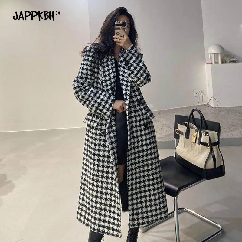 

2022 Spring Houndstooth Coat Women Casual Vintage Turn Down Collar Woolen Long Jackets Female Elegant Winter Cotton Lining Coat