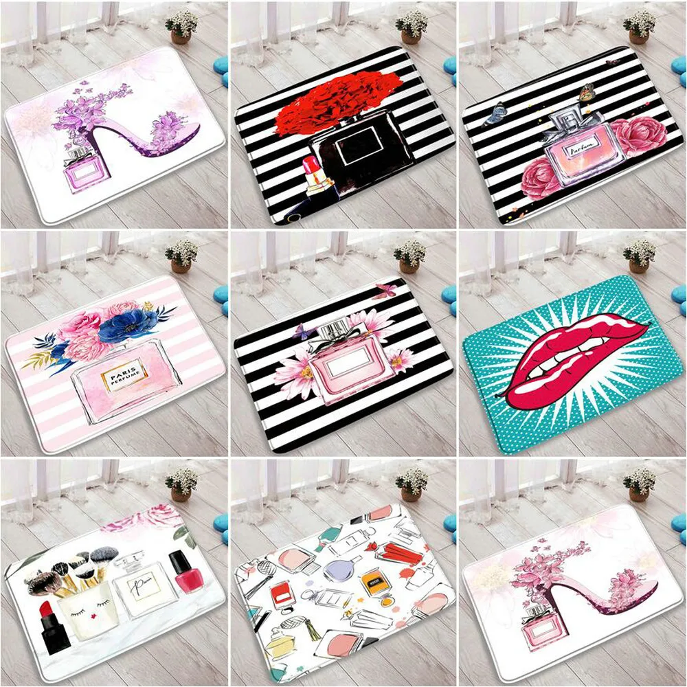 

Female Cosmetics Perfume Lipstick Pink Bath Mats Black White Stripes Non-slip Doormats Bathroom Supplies Carpet Living Room Rugs