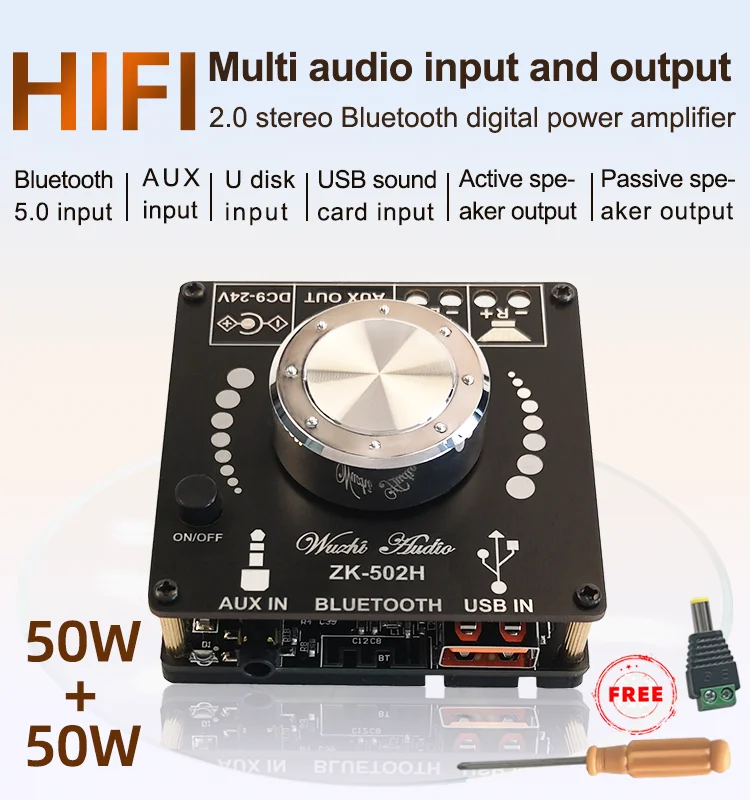 50WX2 ZK-502H HIFI Bluetooth 5.0 TPA3116D2 Digital Power Audio Amplifier board  Stereo AMP Amplificador Home Theater AUX USB