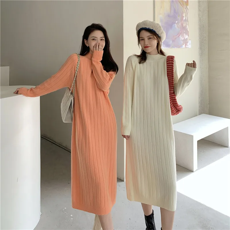 

Women Half Turtleneck Sweater Dresses Long Sleeve Casual Loose Vintage Autumn Winter Midi Vestido Knitted Fashion Maxi Robe Y12