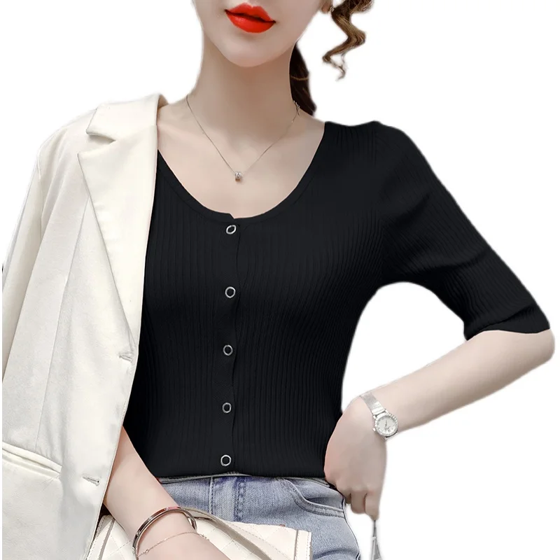 

COIGARSAM Short Sleeve blouse women New Summer Knitting blusas womens tops and blouses Pink White Black 5515