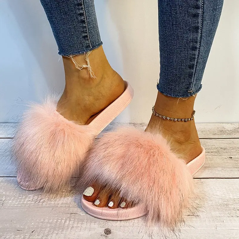 

2020 New Warm Winter Slippers Solid Furry Slides for Women Fur Slides Women Shoes Woman Slippers Plus Size Zapatos De Mujer