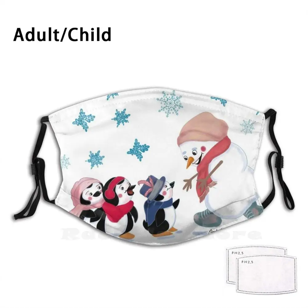 Snow Woman And Penguins Funny Print Reusable Pm2.724 Filter Face Mask Christmas Snowman Joy Happy | Аксессуары для одежды