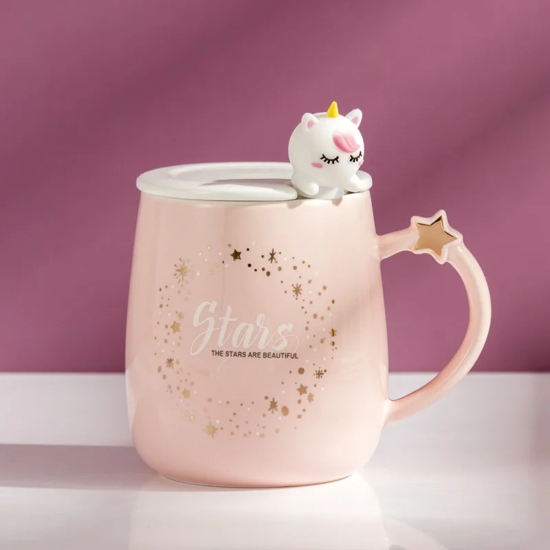 

Pink Unicorn Mug Large Capacity Household Cartoon Simple Ceramic Mug Lovely Girl Water Cup Spoon Coffee Cup With Cover Gift