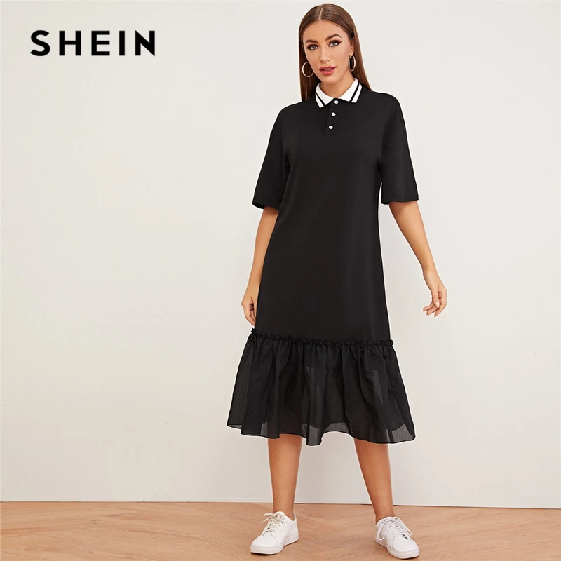 SHEIN/Черное Платье-туника с открытыми плечами и рюшами, женская осенняя одежда с заниженной талией и отложным воротником, повседневные Прямые однотонные платья