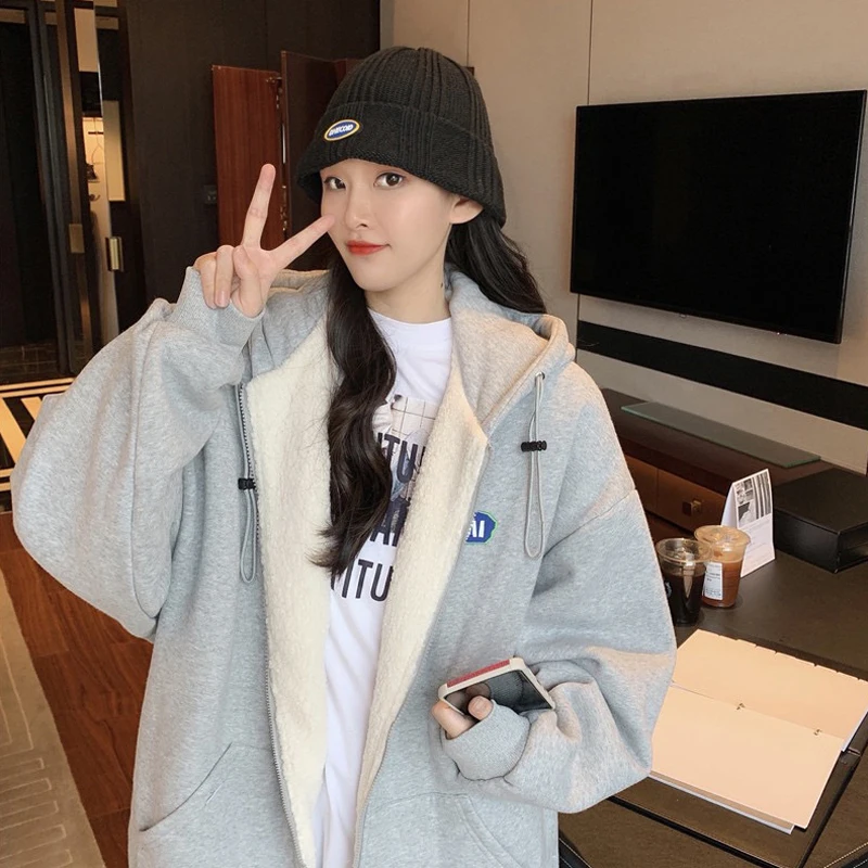 

Fleece Thick Pink Coat for Women Autumn and Winter All-Matching 2020 New Loose Korean Style Casual Long Sleeve Hooded Sweater