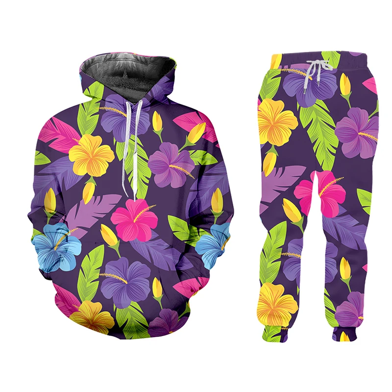 

IFPD Tracksuits For Women Colorful Leaves 3d Print Purple Hoodie + Jogging Pants Set Harajuku Floral Casual Sportswear Clothing