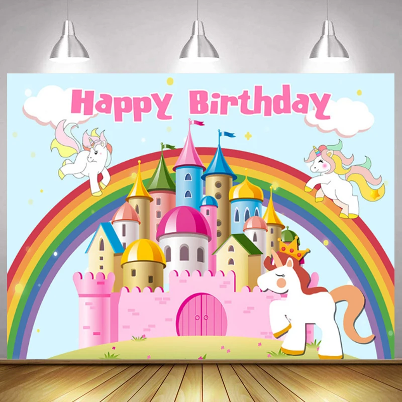

Rainbow Castle Flying Unicorn Happy Birthday Photo Background for Kids Newborn Baby Shower Party Banner Custom Backdrop Studio
