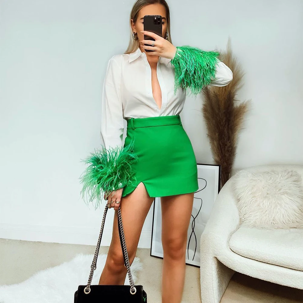 

Women 2022 New Fashion Green feather poplin Blouses Vintage Long Sleeve Button-up Female Shirts Blusas Chic Tops