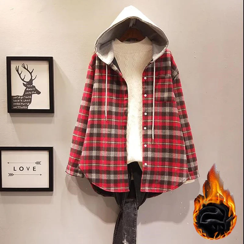 

2021 Fashion Velvet Thick Warm Women Plaid Shirt Chic Checked Blouse Long Sleeve Female Casual Shirts Loose hoodie Tops winter