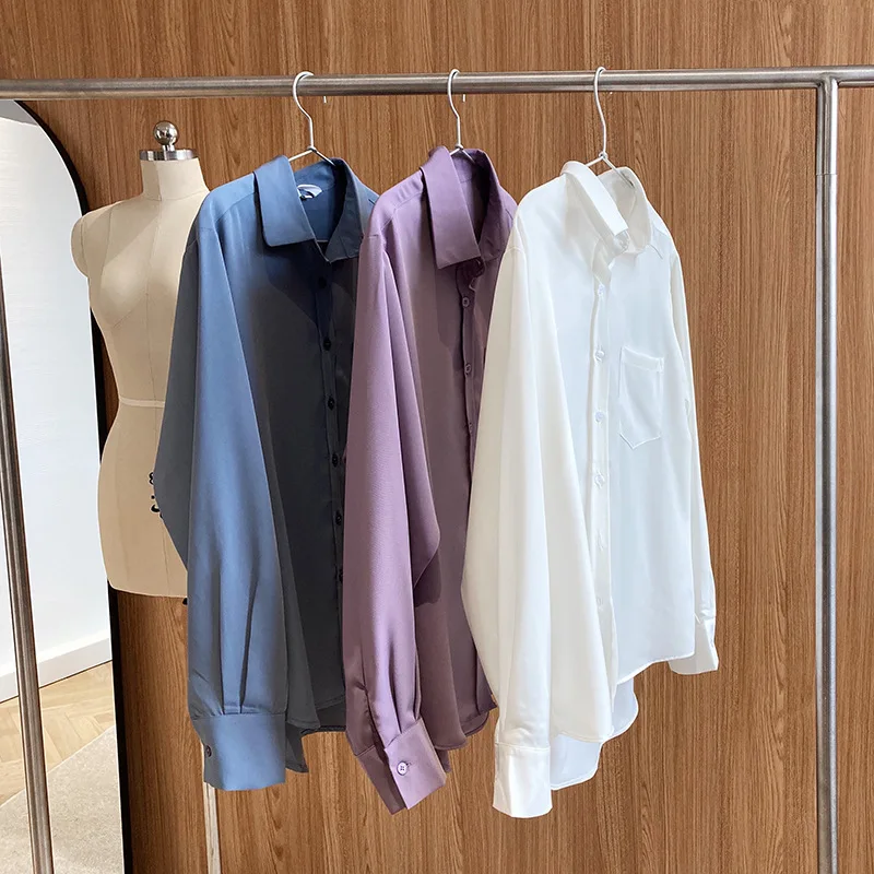 

2021 Spring Women Long Sleeve Casual Blouse Turn Down Collar Women Blouses Pocket Tops For Women Elegant Women White Shirt