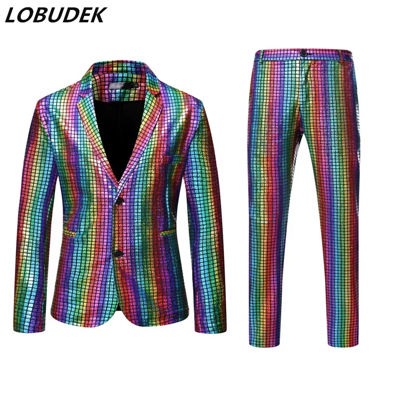 

Для Мужчин's сценические костюмы цвета: золотистый, серебристый в радужную клетку пайетки пиджаки штаны, 2 вещи в комплекте, бар ночной клуб п...