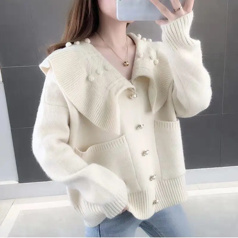 

White New Fall Fashion Cardigans Long Sleeve Sweater Loose Coat Casual Cloth Girl Jacket Navy Collar Tops Clothes for Women 2022