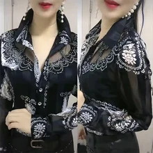 Hot drill lace Shirts for Women's Trendy Mesh Tloral Ladies Chiffon Shirt Long sleeve lapel Thin Blouse Feminine Bottoming Shirt