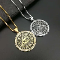 2021 fashion the eye of horus pendant necklaces for men boys high quality stainless steel round cz charm jewelry dropshipping