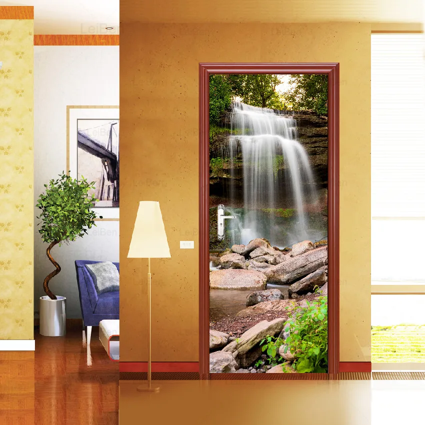 Self Adhesive 3d Door Stickers Forest Waterfall Landscape Art Renovation Living Room Waterproof Wallpaper Home Decor Picture | Дом и сад