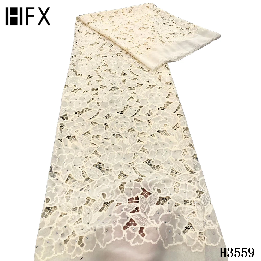

HFX black High Quality Net Lace French Embroidery Guipure Milk Cord Lace Fabric African Lace Fabric with stones for dress H3559