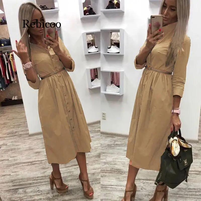 

2019 ladies casual belt button A-line dress stand collar seven-sleeved elegant dress office ladies knee