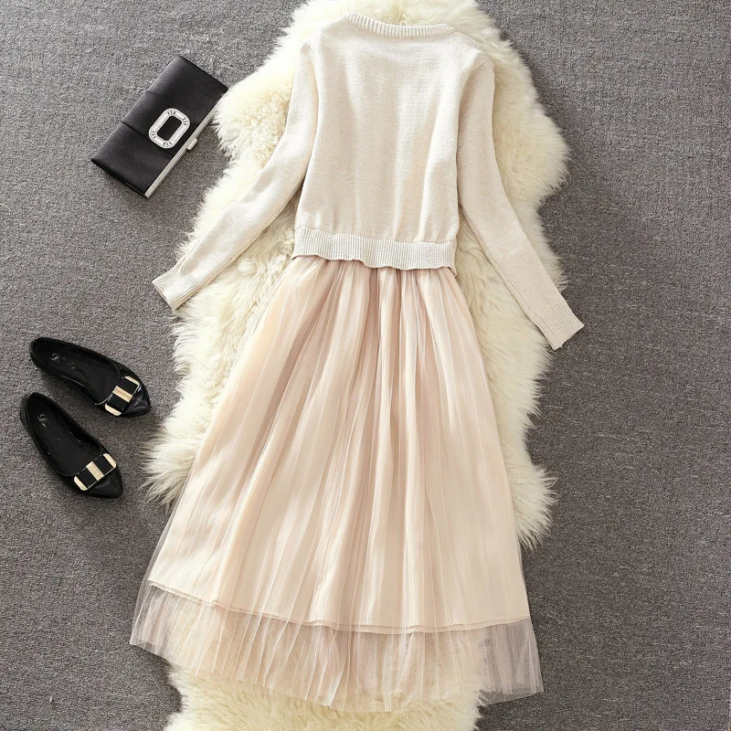 Осенне-зимнее женское платье-свитер с длинным рукавом вязаные Лоскутные