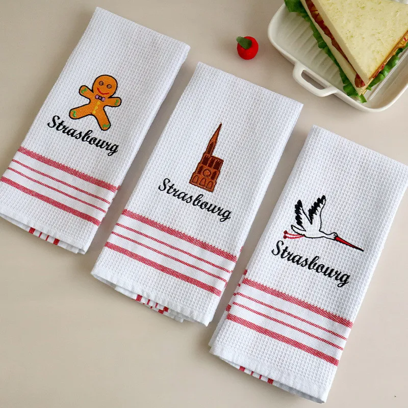 

1Pc Cotton White Home Waffle Embroidered Tea Towel Fabric Napkin Place Mat Table Cloth Kitchen Dishcloth Xmas Gift 40x60cm