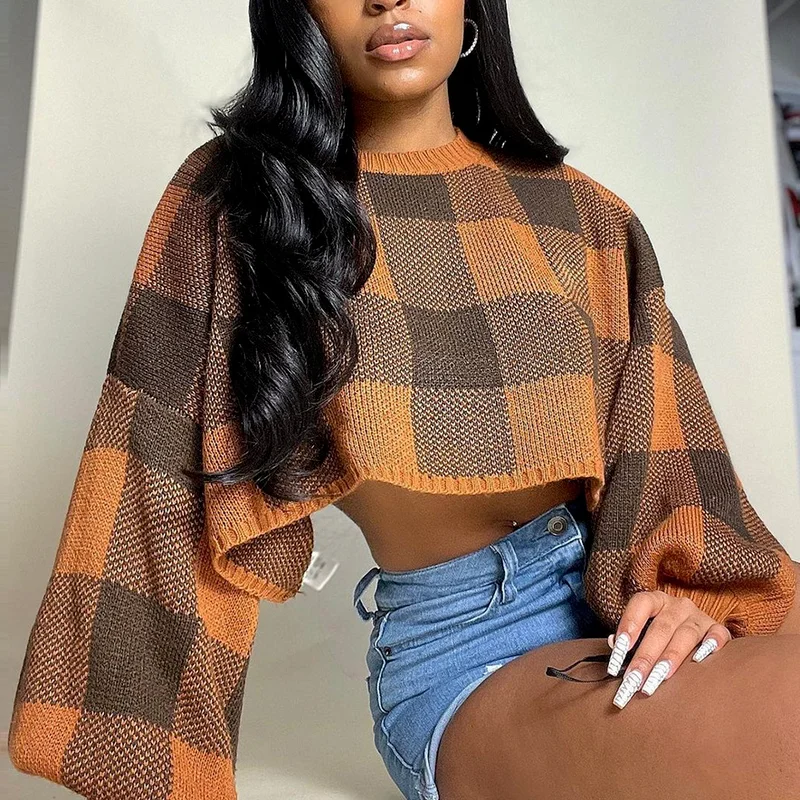 

Retro Check Women's Sweater College Style Pullover Long Sleeve Knitted Korean Thick Contrast Pullover Femme Harajuku Sweater