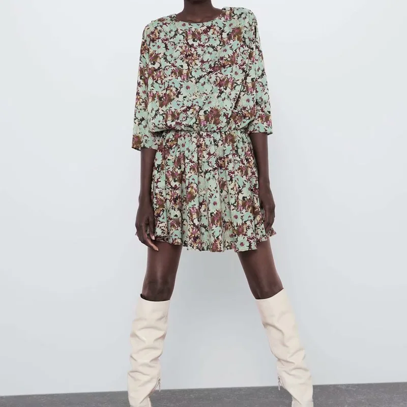 elegant short party dress streetwear casual a line pleated vintage floral dress female o-neck autumn mini dress vestidos