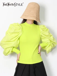 Женский вязаный свитер TWOTWINSTYLE, белый свитер с рюшами, круглым вырезом и пышными рукавами, весна 2022, большие размеры